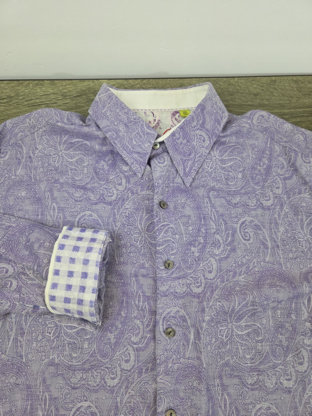Robert Graham Flip Cuff Linen Shirt Men's XL Purple Paisley Long Sleeve Preppy